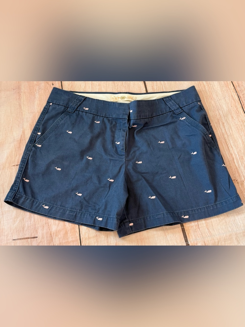 J. Crew  Chino Weathered Blue w/Pink Whales Shorts Size 12 Woman’s Coastal